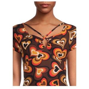 NoBo Junior's Sz S (3-5) Crisscross O-ring Bodycon Dress, Foam Cups Brown Hearts